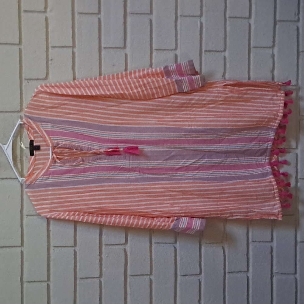 J. Crew Linen Blend Multicolor Boho W/Tassels Long Sleeve Dress. Size Small